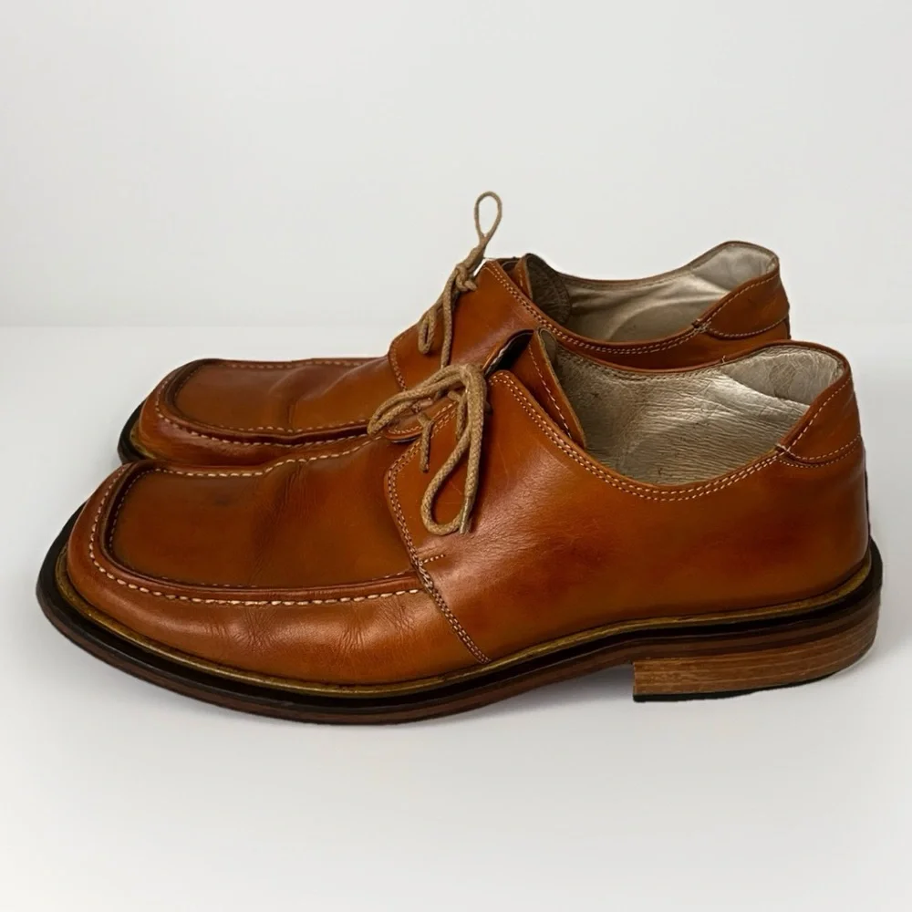 Pignataro‎ Men's Leather Square-Toe Vintage Derby Shoes Sz 44 (10.5-11US) Cognac